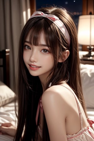 1girl, solo, long hair, looking at the viewer, smile, teeth, bangs, brown hair, sexy pajamas, lying on the bed, in the bedroom, headband, headband, night,  ribbon, hair ribbon, bow hairband,  parted lips,  lips,  bow,  ribbon, realistic,