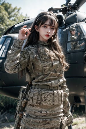 1girl, solo, long hair, smile, laugh, bangs, brown hair, reality, in the forest, in the jungle, military helicopter (UH-60 Black Hawk), arms up, no guns, upper body, slim body, soldier girl, wearing camouflage military uniform, long sleeves, long pants, highly detailed, lips, earrings, dark eyes, lips, bow headband, lips, ribbon, realistic, parted lips, lips, ribbon, realistic, blurred background, military, Military, UH-60 Black Hawk