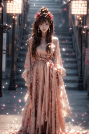 1girl, solo, long hair, looking at the viewer, smile, teeth, bangs, brown hair, realistic, full body, jewelry, earrings, hair flower, lips,  best quality, greatest detail, detailed background masterpiece, insane details, intricate, aesthetic,1girl, Samurai girl, full body, light smile, charming, half updo hair. Mohawk, Floral embroidered mesh overlay dress,Drape , Standing, earrings, black eyes, lips, bow headband, lips, ribbon, realistic, parted lips, lips, ribbon, realistic, blurry background,