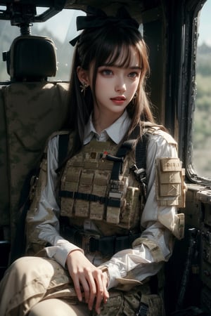 1girl, solo, long hair, looking at the viewer, smile, laugh, teeth, bangs, brown hair, realistic, (masterpiece, best quality, CGI, official art:1.2), as a helicopter pilot, sitting inside of a helicopter, (masterpiece, top quality, best quality, official art, beautiful and aesthetic:1.2), (1girl), extremely detailed, Movie Still, Film Still, Wearing tight military uniform, long sleeves camouflage military uniform, Bulletproof vest, seat belt, Cinematic, masterpiece, best quality, photorealistic, raw photo, earrings, black eyes, lips, bow headband, lips, ribbon, realistic, parted lips, lips, ribbon, realistic, blurry background,Military