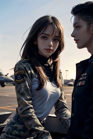 a 20 yo woman, upper body, smile, Tight-fitting military uniform, camouflage military uniform, long sleeves and long pants, medium breast, on the aircraft carrier's deck,  fight jet(F-16),  direct lighting,  long hair,  soothing tones,  high contrast,  (natural skin texture,  hyperrealism,  soft light,  sharp), chromatic_background, simple background, Detailedface, Detailed eyes, Detailedface,MRRPSS, blurry_background,f-16 fighting falcon,f-16,F16 FALCON