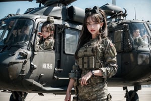 1girl, solo, long hair, looking at the viewer, smile, laugh,  bangs, brown hair, realistic, ponytail, open mouth, tight-fitting military uniform, camouflage military uniform, emblem, look at the viewer, long sleeves and long pants, medium breast, at the air force base tarmac, day, standing in front of a huge helicopter (UH-60 Black Hawk),  elegance, masterpiece, earrings, realistic,  masterpiece, best quality, photorealistic, raw photo,  earrings, black eyes, lips, bow headband, lips, ribbon, realistic, parted lips, lips, ribbon, realistic, blurry background, Military,Taskforce,girl