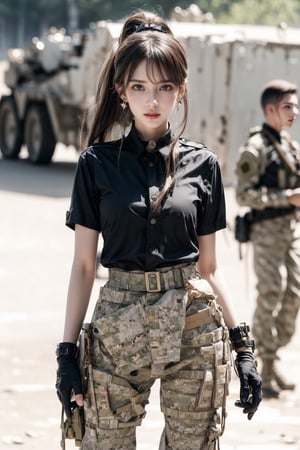 1girl, solo, long hair, upper body, cowboy shot, looking at the viewer, smile, laugh,  bangs, brown hair, realistic, ponytail, open mouth,  realistic, short sleeves, boots, black gloves, pants,  blurry, military, black shirt, blurry background,  Military uniform,  elegance, masterpiece, earrings, realistic, masterpiece, best quality, photorealistic, raw photo,  earrings, black eyes, lips, bow headband, lips, ribbon, realistic, parted lips, lips, ribbon, realistic, blurry background, Military,Taskforce,girl