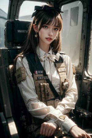 1girl, solo, long hair, looking at the viewer, smile, laugh, teeth, bangs, brown hair, realistic, (masterpiece, best quality, CGI, official art:1.2), as a helicopter pilot, sitting inside of a helicopter, (masterpiece, top quality, best quality, official art, beautiful and aesthetic:1.2), (1girl), extremely detailed, Movie Still, Film Still, Wearing tight military uniform, long sleeves camouflage military uniform, Bulletproof vest, seat belt, Cinematic, masterpiece, best quality, photorealistic, raw photo, earrings, black eyes, lips, bow headband, lips, ribbon, realistic, parted lips, lips, ribbon, realistic, blurry background,Military