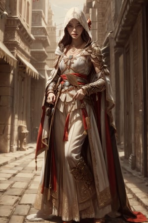 1girl, solo, long hair, looking at viewer, smile, laugh, bangs, brown hair, realistic,  medium breast, cowboy shot,  mature body, fantastical and ethereal scenery, daytime, jewelry, standing, earrings, outdoors, day, necklace, cape, armor, blurry, lips, sash, shoulder armor, realistic, vambraces, jewelry, full body, boots, hood, necklace, sash, vambraces, White heavy robe, white pants, cloak, dress as Assassin Creed style, cowboy shot,  mature body, fantastical and ethereal scenery, daytime,  earrings, outdoors, parted lips, day, lips, full body, outdoors,  blurry,  blurry background, earrings, black eyes, lips, bow headband, lips, ribbon, realistic, parted lips, lips, ribbon, realistic, blurry background,AS