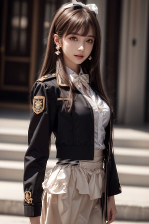 1girl, solo, long hair, looking at the viewer, smile, bangs, brown hair,  realistic, skirt, jacket, military uniform, pencil skirt, realistic, medium breasts, earrings, black eyes, lips, bow headband, blurry, lips, blurry background, ribbon, realistic, parted lips, lips, blurry background, bow, ribbon, realistic,