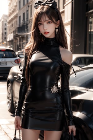 at night, night, moon, city street, 1girl, solo, long hair, looking at the viewer, smile, bangs, brown hair, realistic, shoulders-long messy elegant hair. ((Mock Neck Illusion Long Sleeve very short black minidress Black Leather)) , jewels. standing, in the evening, sports car, at night, night, masterpiece, best quality, photorealistic, raw photo, earrings, black eyes, lips, bow headband, lips, ribbon, realistic, parted lips, lips, ribbon, realistic, blurry background,Car