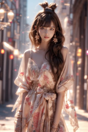 1girl, solo, long hair, looking at the viewer, smile, teeth, bangs, brown hair, realistic, full body, jewelry, earrings, hair flower, lips,  best quality, greatest detail, detailed background masterpiece, insane details, intricate, aesthetic,1girl, Samurai girl, full body, light smile, charming, half updo hair. Mohawk, Floral embroidered mesh overlay dress,Drape , Standing, earrings, black eyes, lips, bow headband, lips, ribbon, realistic, parted lips, lips, ribbon, realistic, blurry background,