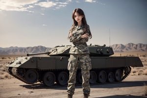 a 20 yo woman, upper body, smile, Tight-fitting military uniform, camouflage military uniform,camouflage, long sleeves and long pants, medium breast, in the desert , stand in front of a huge tank  direct lighting, Crossed arms,  long hair,  soothing tones,  high contrast,  (natural skin texture,  hyperrealism,  soft light,  sharp), chromatic_background, simple background, Detailedface, Detailed eyes, Detailedface,MRRPSS, blurry_background