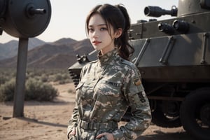 a 20 yo woman, smile, laugh, long hair, medium breast, sexy, realistic,  bright sunny smile, parted lips,   jewelry, earrings, ponytail, lips,Tight-fitting military uniform, camouflage military uniform,camouflage, long sleeves and long pants, medium breast, in the desert ,  stand near a  giant tank ,Hands in pockets with direct lighting, long hair, soothing tones, high contrast, (natural skin texture, hyperrealism, soft light, sharp), chromatic_background, Detailedface, Detailed eyes, Detailedface, blurry background,realistic hands,tank