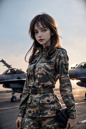 a 20 yo woman, upper body, smile, Tight-fitting military camouflage uniform, camouflage military uniform, long sleeves and long pants, medium breast, on the aircraft carrier's deck,  fight jet(F-16),  direct lighting,  long hair,  soothing tones,  high contrast,  (natural skin texture,  hyperrealism,  soft light,  sharp), chromatic_background, simple background, Detailedface, Detailed eyes, Detailedface,MRRPSS, blurry_background,f-16 fighting falcon,f-16,F16 FALCON