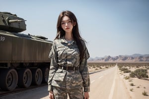 a 20 yo woman, upper body, smile, Tight-fitting military uniform, camouflage military uniform,camouflage, long sleeves and long pants, medium breast, in the desert ,  stand near a  giant tank ,direct lighting,  long hair,  soothing tones,  high contrast,  (natural skin texture,  hyperrealism,  soft light,  sharp), chromatic_background, simple background, Detailedface, Detailed eyes, Detailedface,MRRPSS, blurry_background