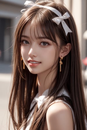 1girl, solo, long hair, looking at the viewer, smile, teeth, bangs, brown hair, realistic,  earrings, black eyes, lips, bow headband, lips, ribbon, realistic, parted lips, lips, ribbon, realistic, blurry background,