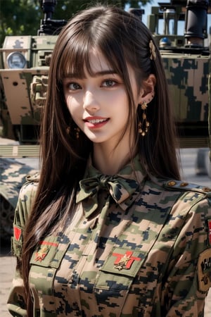 1girl, solo, long hair, looking at the viewer, laugh, teeth, smile, bangs, brown hair,  realistic, tight camouflage uniform, military uniform, military uniform, camouflage, in the army military camp, tanks, trucks, realistic, medium breasts, earrings, black eyes, lips, bow headband, lips, ribbon, realistic, parted lips, lips, ribbon, realistic,