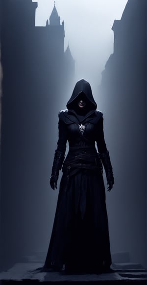 Assassins creed, female assassins, dark city, standing on rooftops, squatting,scary,dark,dark aura,smooth style,sharp style