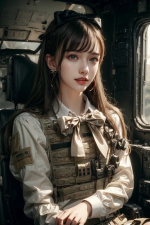 1girl, solo, long hair, looking at the viewer, smile, laugh, teeth, bangs, brown hair, realistic, (masterpiece, best quality, CGI, official art:1.2), as a helicopter pilot, sitting inside of a helicopter, (masterpiece, top quality, best quality, official art, beautiful and aesthetic:1.2), (1girl), extremely detailed, Movie Still, Film Still, Wearing tight military uniform, long sleeves camouflage military uniform, Bulletproof vest, seat belt, Cinematic, masterpiece, best quality, photorealistic, raw photo, earrings, black eyes, lips, bow headband, lips, ribbon, realistic, parted lips, lips, ribbon, realistic, blurry background,Military