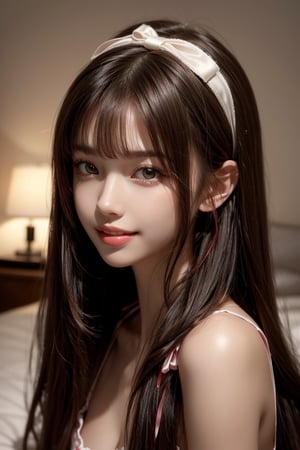 1girl, solo, long hair, looking at the viewer, smile, teeth, bangs, brown hair, sexy pajamas, lying on the bed, in the bedroom, headband, headband, night,  ribbon, hair ribbon, bow hairband,  parted lips,  lips,  bow,  ribbon, realistic,