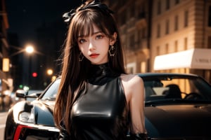 at night, night, moon, city street, 1girl, solo, long hair, looking at the viewer, smile, bangs, brown hair, realistic, shoulders-long messy elegant hair. ((Mock Neck Illusion Long Sleeve very short black minidress Black Leather)) , jewels. standing, in the evening, sports car, at night, night, masterpiece, best quality, photorealistic, raw photo, earrings, black eyes, lips, bow headband, lips, ribbon, realistic, parted lips, lips, ribbon, realistic, blurry background,Car