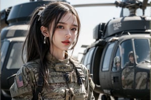 1girl, solo, long hair, looking at the viewer, smile, laugh,  bangs, brown hair, realistic, ponytail, open mouth, tight-fitting military uniform, camouflage military uniform, emblem, look at the viewer, long sleeves and long pants, medium breast, at the air force base tarmac, day, standing in front of a huge helicopter (UH-60 Black Hawk),  elegance, masterpiece, earrings, realistic,  masterpiece, best quality, photorealistic, raw photo,  earrings, black eyes, lips, bow headband, lips, ribbon, realistic, parted lips, lips, ribbon, realistic, blurry background, Military,Taskforce,girl，UH-60 Black Hawk