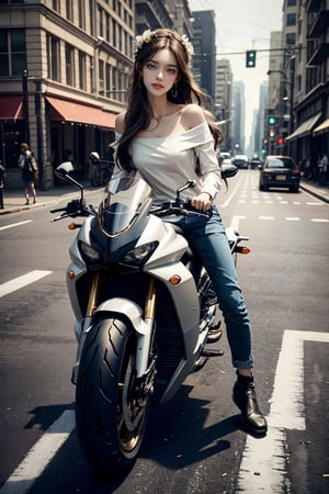 a 20 yo woman, smile, laugh, long hair,  medium breast, sexy, ponytail, realistic,  medium breast, rides a huge motorcycle with a sense of technology, in the urban area, shirt,  jewelry,  earrings, outdoors, parted lips, day, pants, lips, full body, shoes, outdoors, blurry,  blurry background, motor vehicle, road, motorcycle, on a motorcycle, flower hair accessories,  realistic, off-shoulder shirt, road, street, bra strap, crosswalk, (((half body))), direct lighting, long hair, soothing tones, high contrast, (natural skin texture, hyperrealism, soft light, sharp), chromatic_background, simple background, Detailedface, Detailed eyes, Detailedface,ftsbk