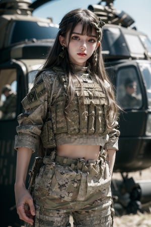 1girl, solo, long hair, smile, laugh, bangs, brown hair, reality, in the forest, in the jungle, military helicopter (UH-60 Black Hawk), arms up, no guns, upper body, slim body, soldier girl, wearing camouflage military uniform, long sleeves, long pants, highly detailed, lips, earrings, dark eyes, lips, bow headband, lips, ribbon, realistic, parted lips, lips, ribbon, realistic, blurred background, military, Military, UH-60 Black Hawk