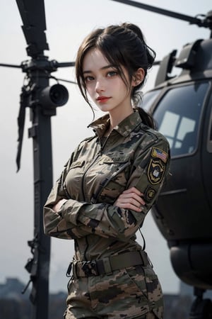 a 20 yo woman, upper body, smile, ponytail, Tight-fitting military uniform, camouflage military uniform, emblem, crossed arms, long sleeves and long pants, medium breast, at the air force base tarmac,  day, standing in front of a huge helicopter (UH-60 Black Hawk),  direct lighting,  long hair,  soothing tones,  high contrast,  (natural skin texture,  hyperrealism,  soft light,  sharp), chromatic_background, simple background, Detailedface, Detailed eyes, Detailedface,MRRPSS, ,UH-60 Black Hawk