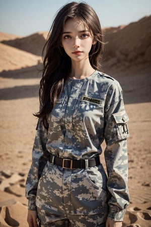 a 20 yo woman, upper body, smile, Tight-fitting military uniform, camouflage military uniform,camouflage, long sleeves and long pants, medium breast, in the desert ,  stand near a tank  direct lighting,  long hair,  soothing tones,  high contrast,  (natural skin texture,  hyperrealism,  soft light,  sharp), chromatic_background, simple background, Detailedface, Detailed eyes, Detailedface,MRRPSS, blurry_background