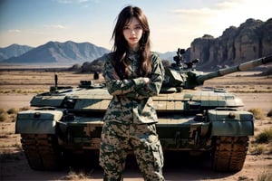 a 20 yo woman, upper body, smile, laugh, Tight-fitting military uniform, camouflage military uniform,camouflage, long sleeves and long pants, medium breast, in the desert , stand in front of a huge tank  direct lighting, crossed arms, long hair,  soothing tones,  high contrast,  (natural skin texture,  hyperrealism,  soft light,  sharp), chromatic_background, simple background, Detailedface, Detailed eyes, Detailedface,MRRPSS, blurry_background