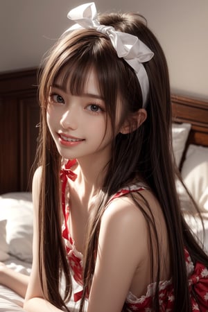 1girl, solo, long hair, looking at the viewer, smile, teeth, bangs, brown hair, sexy pajamas, lying on the bed, in the bedroom, headband, headband, night,  ribbon, hair ribbon, bow hairband,  parted lips,  lips,  bow,  ribbon, realistic,