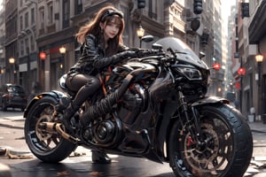 1girl, solo, long hair, looking at viewer, smile, laugh, bangs, brown hair, realistic,  medium breast, rides a (speed motorcycle) in the urban area, gloves, long sleeves, jacket, full body, boots, outdoors, open clothes, black gloves, pants, black footwear, blurry, open jacket, black jacket, bodysuit, blurry background, black pants, ground vehicle, motor vehicle, road, leather, motorcycle, leather jacket, leather pants, on motorcycle, earrings, black eyes, lips, bow headband, lips, ribbon, realistic, parted lips, lips, ribbon, realistic, blurry background,sprbk