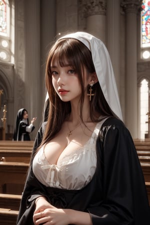 1girl, solo, long hair, looking at the viewer, smile, laugh,  bangs, brown hair, realistic, shoulders-long messy elegant hair, high boots, nun suit, in the church, cleavage, skirt, elegance, masterpiece,  Cross necklace, earrings, realistic,  masterpiece, best quality, photorealistic, raw photo,  earrings, black eyes, lips, bow headband, lips, ribbon, realistic, parted lips, lips, ribbon, realistic, blurry background, 