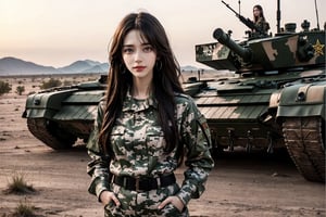 a 20 yo woman, smile, laugh, long hair, medium breast, sexy, realistic,  bright sunny smile, parted lips,   jewelry, earrings, hair flower, lips,Tight-fitting military uniform, camouflage military uniform,camouflage, long sleeves and long pants, medium breast, in the desert ,  stand near a  giant tank ,Hands in pockets with direct lighting, long hair, soothing tones, high contrast, (natural skin texture, hyperrealism, soft light, sharp), chromatic_background, Detailedface, Detailed eyes, Detailedface, blurry background,realistic hands,tank