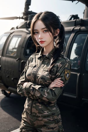 a 20 yo woman, upper body, smile, ponytail, Tight-fitting military uniform, camouflage military uniform, emblem, crossed arms, long sleeves and long pants, medium breast, at the air force base tarmac,  day, standing in front of a huge helicopter (UH-60 Black Hawk),  direct lighting,  long hair,  soothing tones,  high contrast,  (natural skin texture,  hyperrealism,  soft light,  sharp), chromatic_background, simple background, Detailedface, Detailed eyes, Detailedface,MRRPSS, ,UH-60 Black Hawk