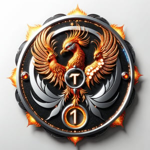 generate a modern badge made of metal, with text "1 TENSOR.ART", a Phoenix pattern in center, with symbol of fire,  high detail, futuristic, aeshtetic and beautifull, glitter,cyborg style