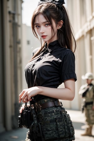 1girl, solo, long hair, upper body, cowboy shot, looking at the viewer, smile, laugh,  bangs, brown hair, realistic, ponytail, open mouth,  realistic, short sleeves, boots, black gloves, pants,  blurry, military, black shirt, blurry background,  Military,  elegance, masterpiece, earrings, realistic, masterpiece, best quality, photorealistic, raw photo,  earrings, black eyes, lips, bow headband, lips, ribbon, realistic, parted lips, lips, ribbon, realistic, blurry background, Military,Taskforce,girl