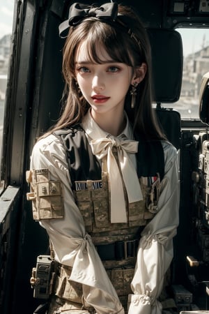 1girl, solo, long hair, looking at the viewer, smile, laugh, teeth, bangs, brown hair, realistic, (masterpiece, best quality, CGI, official art:1.2), as a helicopter pilot, sitting inside of a helicopter, (masterpiece, top quality, best quality, official art, beautiful and aesthetic:1.2), (1girl), extremely detailed, Movie Still, Film Still, Wearing tight military uniform, long sleeves camouflage military uniform, Bulletproof vest, seat belt, Cinematic, masterpiece, best quality, photorealistic, raw photo, earrings, black eyes, lips, bow headband, lips, ribbon, realistic, parted lips, lips, ribbon, realistic, blurry background,Military