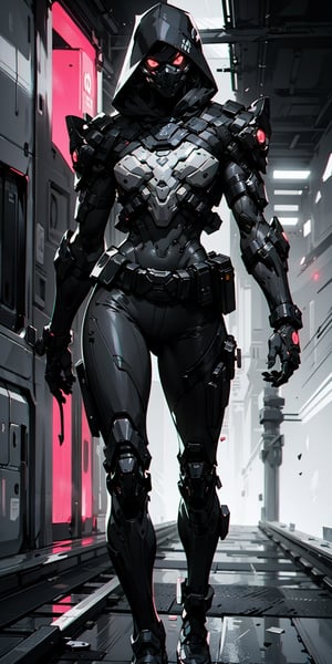 one black futuristic soldier , female body , metro neon lighting , 1960s style , full_body , black lighting , masterpiece , best quality , ultra detailed , (detailed background) , perfect shading  , high contrast , best illumination , extremely detailed , ray tracing , realistic lighting effects , "skull face mask" , hood , neon noir illustration , sharp fingertips , train cart background,modernstyle