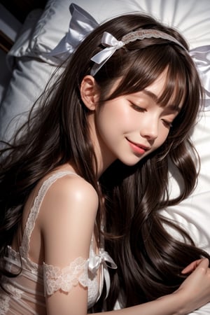 1girl, solo, long hair, smiling, bangs, brown hair, Wearing sexy transparent lace pajamas, eyes closed, sleeping, in the bedroom, lying on the bed, from the side, bow, ribbon, hair ribbon,  hairband,  parted lips, lips,  bow,  realistic,