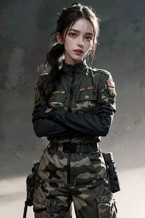 a 20 yo woman, upper body, smile, Tight-fitting military uniform, camouflage military uniform, emblem, crossed arms, long sleeves and long pants, medium breast, ponytail, open mouth,  realistic, short sleeves, boots, black gloves, pants,  blurry, military, blurry background,  Military uniform,,  direct lighting,  long hair,  soothing tones,  high contrast,  (natural skin texture,  hyperrealism,  soft light,  sharp), chromatic_background, simple background, Detailedface, Detailed eyes, Detailedface,MRRPSS, 