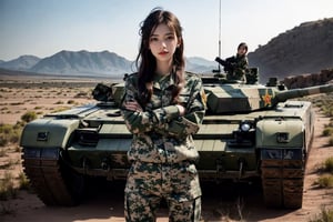 a 20 yo woman, upper body, smile, laugh, Tight-fitting military uniform, camouflage military uniform,camouflage, long sleeves and long pants, medium breast, in the desert , stand in front of a giant tank ,direct lighting, crossed arms, long hair,  soothing tones,  high contrast,  (natural skin texture,  hyperrealism,  soft light,  sharp), chromatic_background, simple background, Detailedface, Detailed eyes, Detailedface,MRRPSS, blurry_background