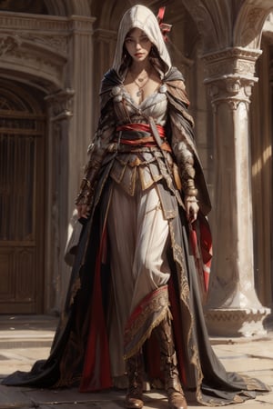 1girl, solo, long hair, looking at viewer, smile, laugh, bangs, brown hair, realistic,  medium breast, cowboy shot,  mature body, fantastical and ethereal scenery, daytime, full body, boots, hood, necklace, sash, vambraces, White clothes, cloak, dress as Assassin Creed style, bracer, mature body, fantastical and ethereal scenery, daytime,  earrings, outdoors, parted lips, day, lips, full body, outdoors,  blurry,  blurry background, earrings, black eyes, lips, bow headband, lips, ribbon, realistic, parted lips, lips, ribbon, realistic, blurry background,AS