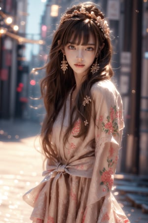 1girl, solo, long hair, looking at the viewer, smile, teeth, bangs, brown hair, realistic, full body, jewelry, earrings, hair flower, lips,  best quality, greatest detail, detailed background masterpiece, insane details, intricate, aesthetic,1girl, Samurai girl, full body, light smile, charming, half updo hair. Mohawk, Floral embroidered mesh overlay dress,Drape , Standing, earrings, black eyes, lips, bow headband, lips, ribbon, realistic, parted lips, lips, ribbon, realistic, blurry background,