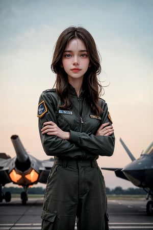 a 20 yo woman, upper body, smile, Tight-fitting military uniform, camouflage military uniform, emblem, crossed arms, long sleeves and long pants, medium breast, at the air force base tarmac,  day, standing in front of a fight jet(F-22),  direct lighting,  long hair,  soothing tones,  high contrast,  (natural skin texture,  hyperrealism,  soft light,  sharp), chromatic_background, simple background, Detailedface, Detailed eyes, Detailedface,MRRPSS, ,F-22