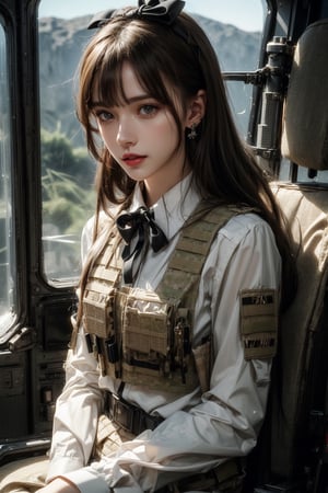 1girl, solo, long hair, looking at the viewer, smile, laugh, bangs, brown hair, realistic, (masterpiece, best quality, CGI, official art:1.2), as a helicopter pilot, sitting inside of a helicopter, (masterpiece, top quality, best quality, official art, beautiful and aesthetic:1.2), (1girl), extremely detailed, Movie Still, Film Still, Wearing a tight military uniform, long sleeves camouflage military uniform, Bulletproof vest, seat belt, Cinematic, masterpiece, best quality, photorealistic, raw photo, earrings, black eyes, lips, bow headband, lips, ribbon, realistic, parted lips, lips, ribbon, realistic, blurry background, Military