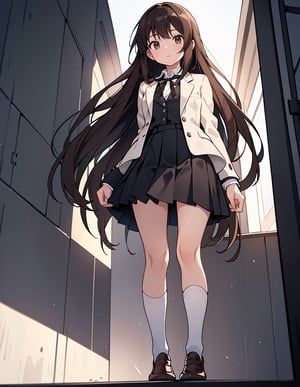 Masterpiece, Top Quality, High Definition, Artistic Composition,1 girl, brown hair, from below, standing on a hill, backlit, striking light, white blazer, school uniform, on her way to school, looking at me, black hair, long hair - standing tall, young lady, black ribbon, portrait, bold composition, Full body, Loafers