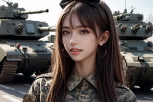 1girl, solo, long hair, looking at the viewer, teeth, smile, bangs, brown hair,  realistic, tight camouflage uniform, military uniform, military uniform, camouflage, in the army military camp, tanks, trucks, realistic, medium breasts, earrings, black eyes, lips, bow headband, lips, ribbon, realistic, parted lips, lips, ribbon, realistic,