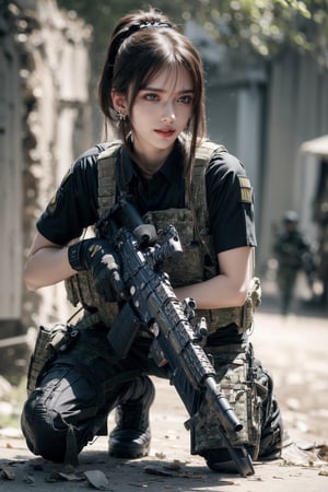 1girl, solo, long hair, looking at the viewer, smile, laugh,  bangs, brown hair, realistic, ponytail, open mouth, gloves, holding, weapon,  realistic, short sleeves, boots, black gloves, pants, fingerless gloves, black footwear, holding weapon, blurry, gun, military, black shirt, blurry background, black pants, holding gun, rifle, assault rifle, knee pads, one knee, combat boots, M4A1, Military,  elegance, masterpiece, earrings, realistic,  masterpiece, best quality, photorealistic, raw photo,  earrings, black eyes, lips, bow headband, lips, ribbon, realistic, parted lips, lips, ribbon, realistic, blurry background,Military,Taskforce,Assault rifle, m4a1 