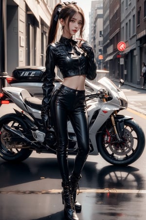 1girl, solo, long hair, looking at viewer, smile, laugh, bangs, brown hair, ponytail, realistic,  medium breast, rides a huge motorcycle with a sense of technology, in the urban area, gloves, shirt, hair ornament, long sleeves, bow, ribbon, navel, jewelry, white shirt, ponytail, earrings, outdoors, parted lips, day, midriff, collared shirt, pants, lips, crop top, full body, boots, outdoors, black gloves, pants, black footwear, blurry,  blurry background, black pants, ground vehicle, motor vehicle, road, leather, motorcycle, leather pants, on a motorcycle, earrings, black eyes, lips, bow headband, lips, ribbon, realistic, parted lips, lips, ribbon, realistic, blurry background,,zzfutbikzz