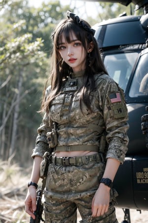 1girl, solo, long hair, smile, laugh, bangs, brown hair, reality, in the forest, in the jungle, military helicopter (UH-60 Black Hawk), arms up, upper body, slim body, soldier girl, wearing camouflage military uniform, long sleeves, long pants, highly detailed, lips, earrings, dark eyes, lips, bow headband, lips, ribbon, realistic, parted lips, lips, ribbon, realistic, blurred background, military, Military, UH-60 Black Hawk