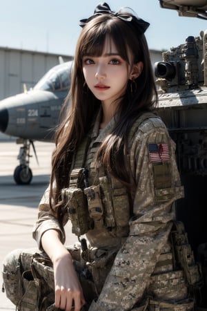 1girl, solo, long hair, smile, bangs, brown hair, realistic,  in a military airport, military vehicle, airplane, vehicle focus, jet, fighter jet, slender body, soldier girl, wearing  camouflage military uniform, Long sleeves, long pants, highly-detailed, lips, one knee, earrings, black eyes, lips, bow headband, lips, ribbon, realistic, parted lips, lips, ribbon, realistic, blurry background, tank,Military